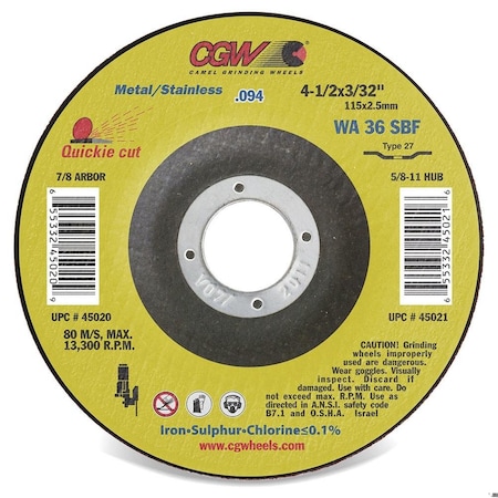 Cgw Abrasives Abrasive Cut-Off Wheel, Type 1, 4-1/2 in Dia, 3/32 in Thick, White Aluminum Oxide, 36 Grit 45028